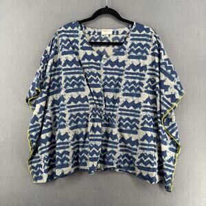 Bombay Paisley Kimono Poncho Top V Neck Womens L/XL Blue Printed Cotton